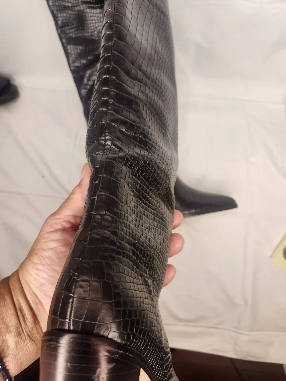 Black Croc-Embossed Over-the-Knee Boots with Block Heel